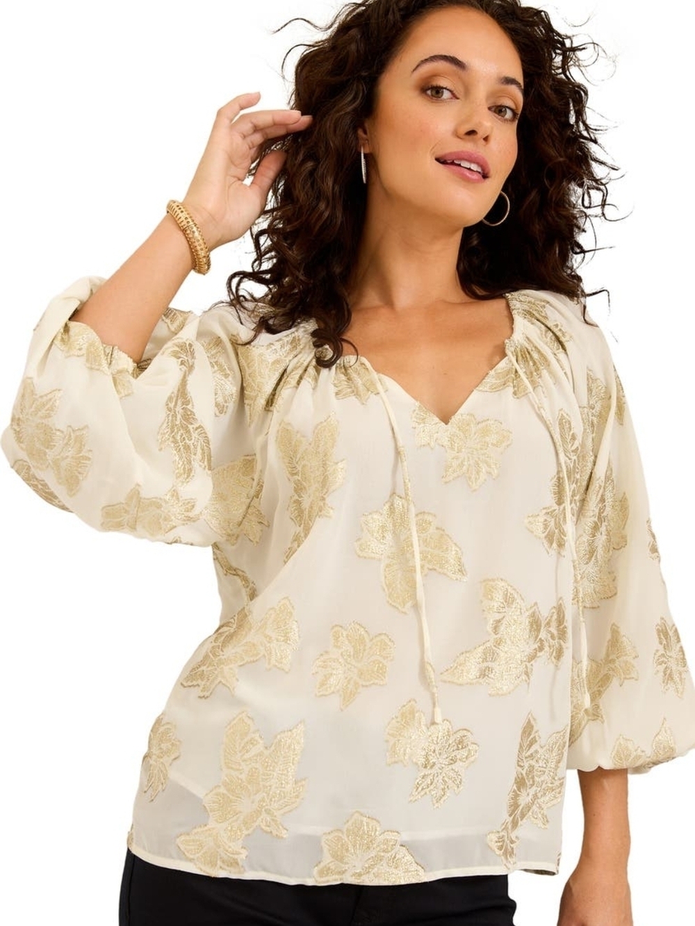 Tommy Bahama Shimmering Shores Metallic Leaf Split Neck Top NWT